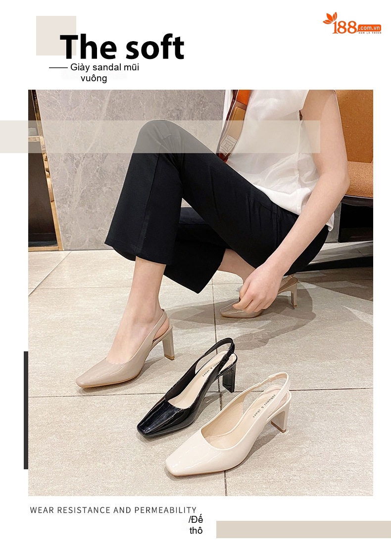 Giày Sandal Cao Gót Nữ Da Bóng Mũi Vuông Quai Hậu Gót Vuông Gót Cao 7cm - 8cm Màu Kem, Đen chi tiết 2