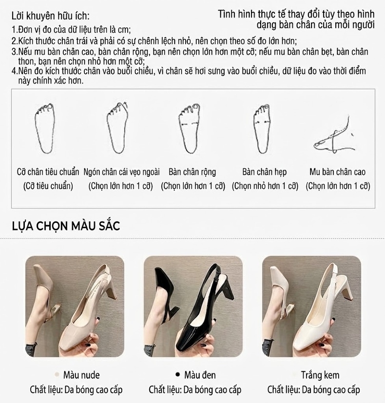 Giày Sandal Cao Gót Nữ Da Bóng Mũi Vuông Quai Hậu Gót Vuông Gót Cao 7cm - 8cm Màu Kem, Đen chi tiết 4