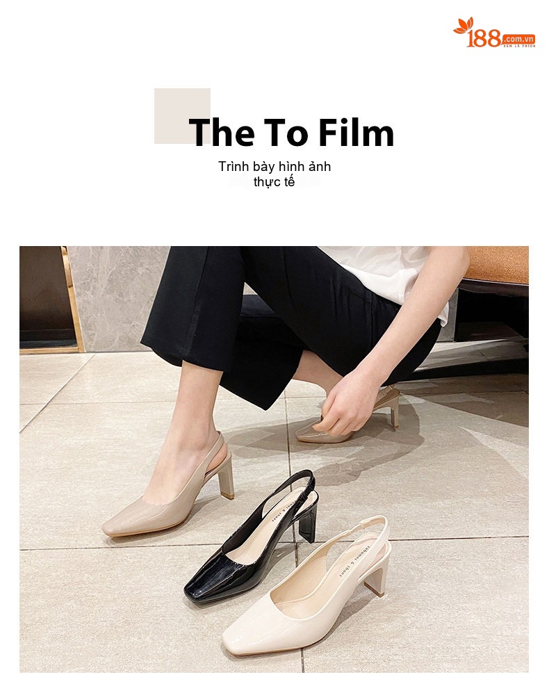 Giày Sandal Cao Gót Nữ Da Bóng Mũi Vuông Quai Hậu Gót Vuông Gót Cao 7cm - 8cm Màu Kem, Đen chi tiết 7