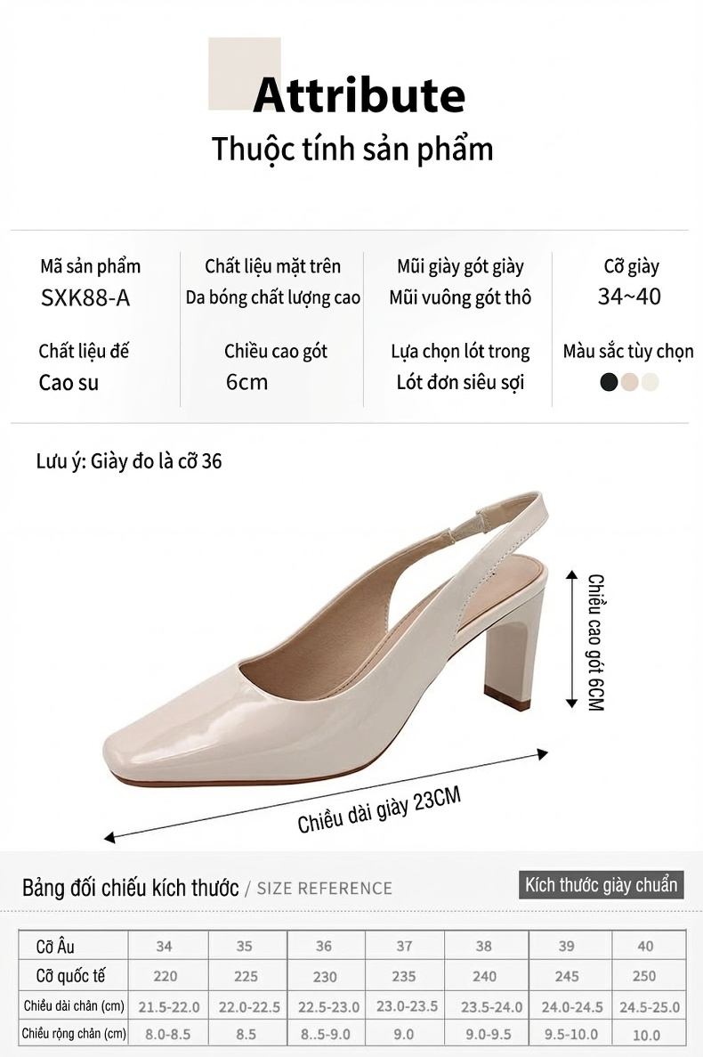 Giày Sandal Cao Gót Nữ Da Bóng Mũi Vuông Quai Hậu Gót Vuông Gót Cao 7cm - 8cm Màu Kem, Đen chi tiết 3