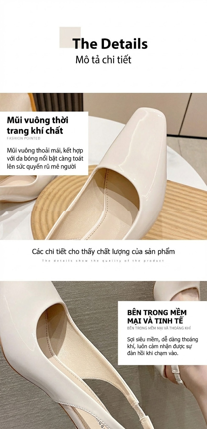 Giày Sandal Cao Gót Nữ Da Bóng Mũi Vuông Quai Hậu Gót Vuông Gót Cao 7cm - 8cm Màu Kem, Đen chi tiết 5