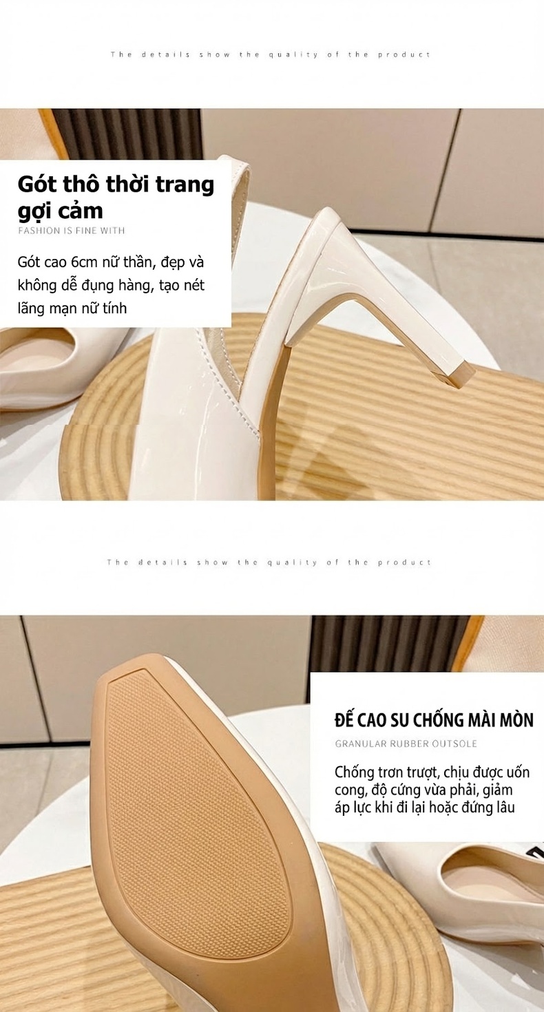 Giày Sandal Cao Gót Nữ Da Bóng Mũi Vuông Quai Hậu Gót Vuông Gót Cao 7cm - 8cm Màu Kem, Đen chi tiết 6