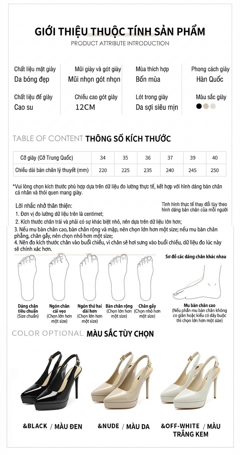 Giày Sandal Cao Gót Nữ Mũi Nhọn Quai Hậu Da Bóng Gót Cao 10cm - 12cm Màu Đen, Kem, Trắng chi tiết 1