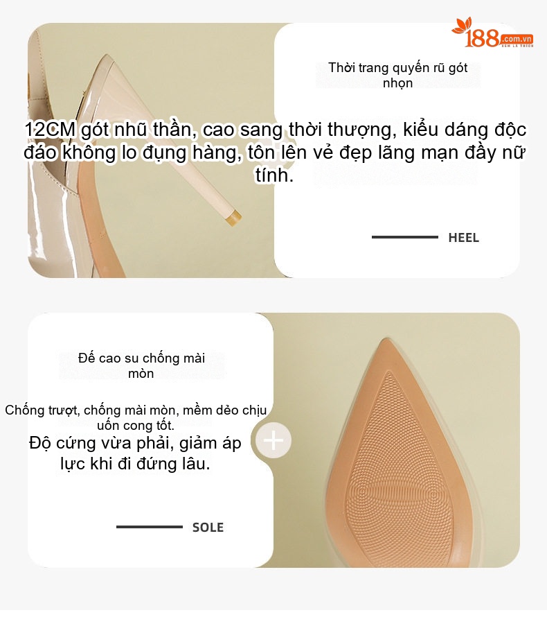 Giày Sandal Cao Gót Nữ Mũi Nhọn Quai Hậu Da Bóng Gót Cao 10cm - 12cm Màu Đen, Kem, Trắng chi tiết 3