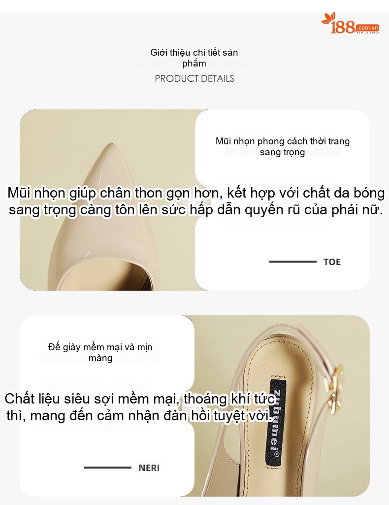 Giày Sandal Cao Gót Nữ Mũi Nhọn Quai Hậu Da Bóng Gót Cao 10cm - 12cm Màu Đen, Kem, Trắng chi tiết 2