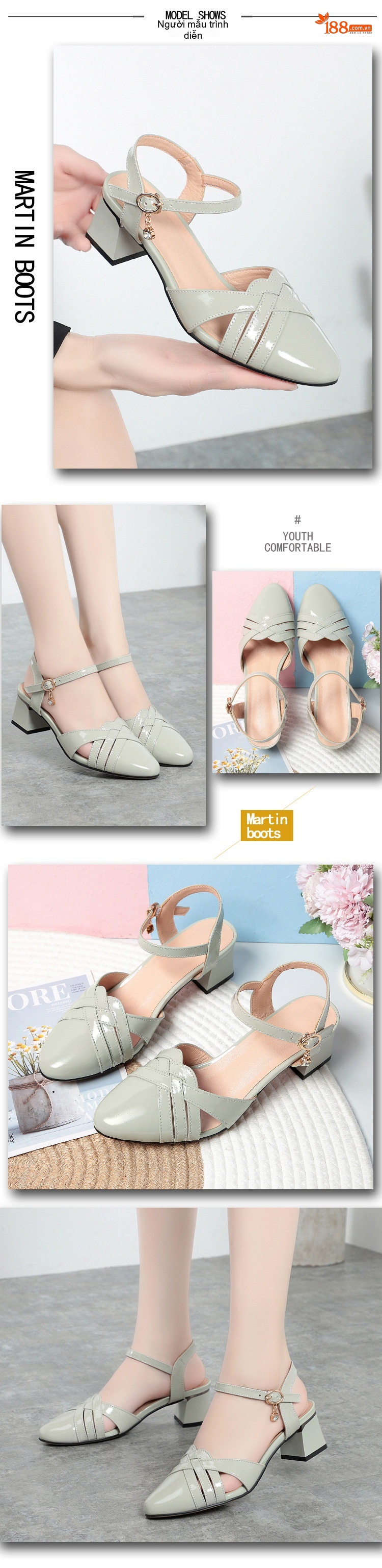 Dép Sandal Nữ Bít Mũi Da Bóng Quai Hậu Đế Cao 5cm - 6cm Màu Kem, Đen, Xám... chi tiết 2