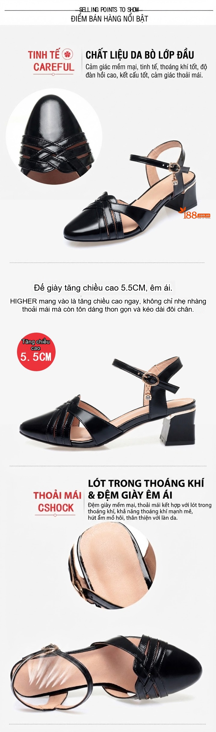 Dép Sandal Nữ Bít Mũi Da Bóng Quai Hậu Đế Cao 5cm - 6cm Màu Kem, Đen, Xám... chi tiết 5