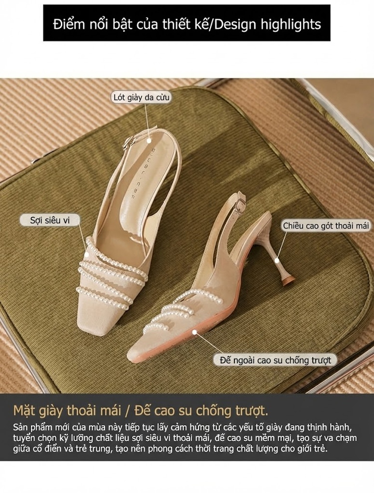Giày Sandal Cao Gót Nữ Da Cừu Mũi Vuông Quai Hậu Đính Ngọc Trai Gót Cao 8cm Màu Be, Đen chi tiết 2