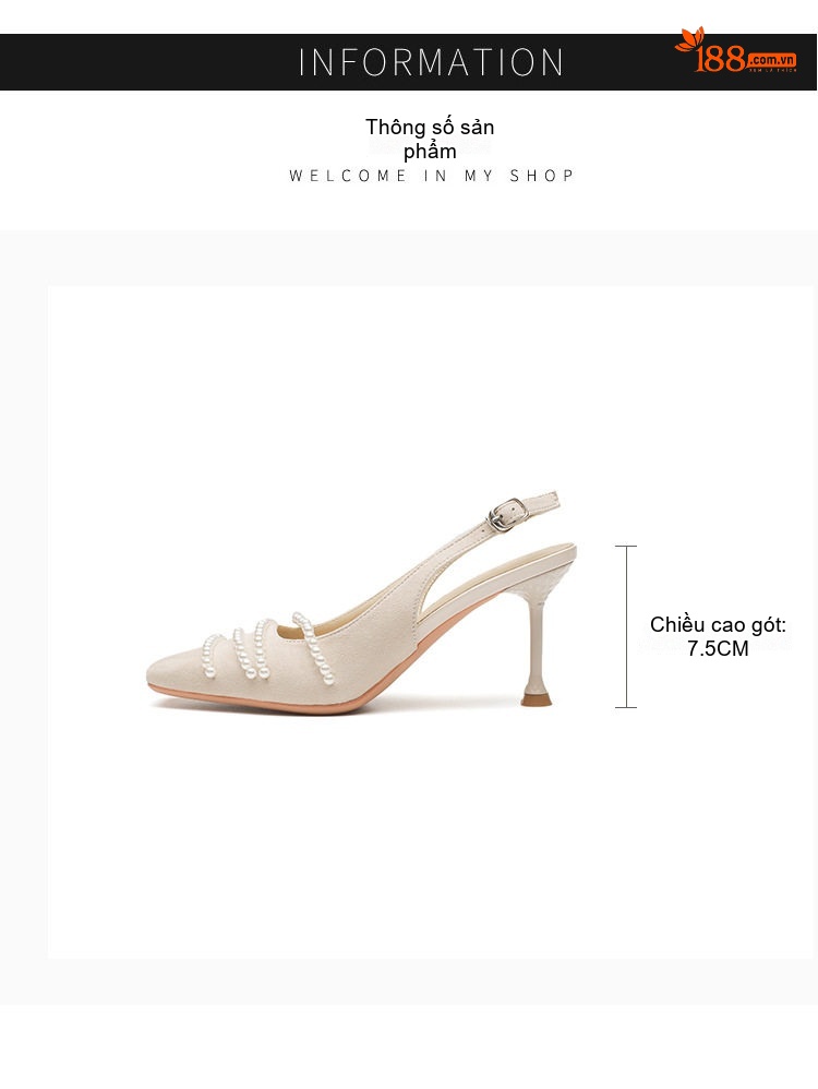 Giày Sandal Cao Gót Nữ Da Cừu Mũi Vuông Quai Hậu Đính Ngọc Trai Gót Cao 8cm Màu Be, Đen chi tiết 3