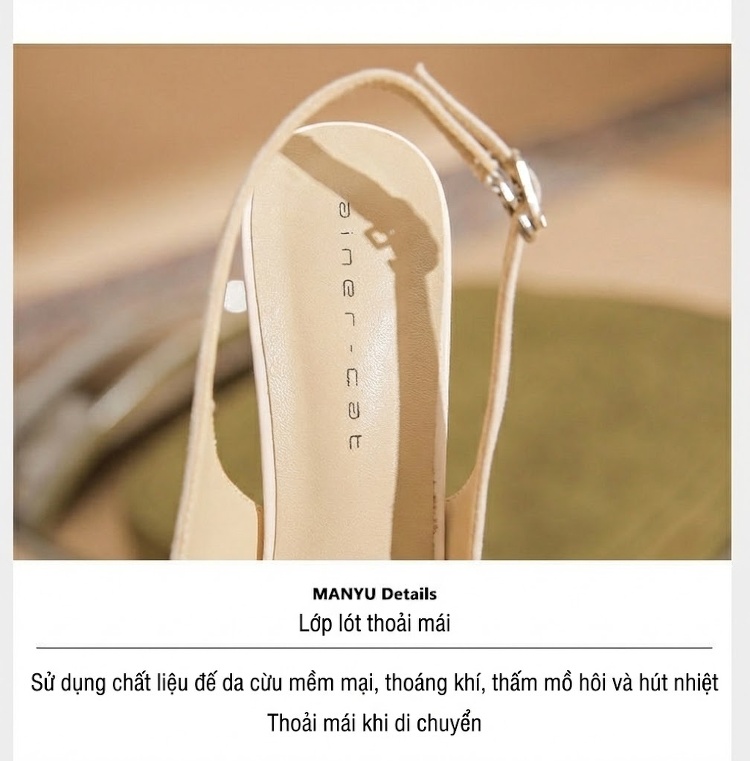 Giày Sandal Cao Gót Nữ Da Cừu Mũi Vuông Quai Hậu Đính Ngọc Trai Gót Cao 8cm Màu Be, Đen chi tiết 7