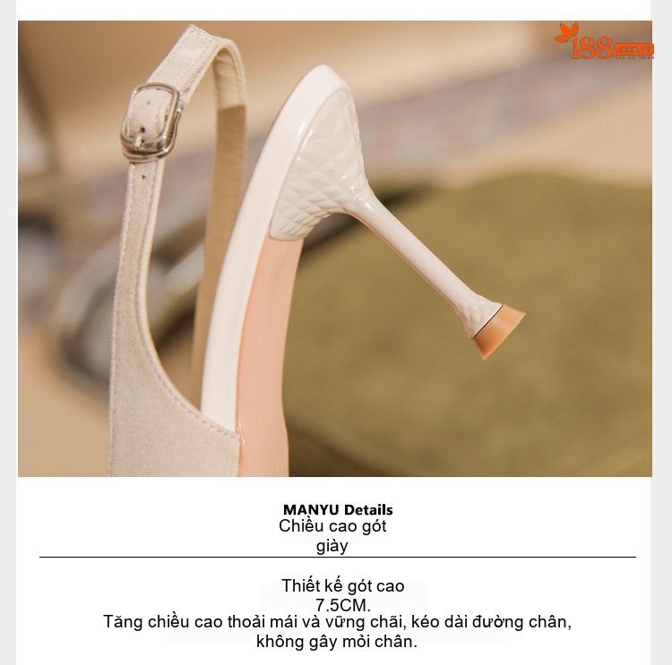 Giày Sandal Cao Gót Nữ Da Cừu Mũi Vuông Quai Hậu Đính Ngọc Trai Gót Cao 8cm Màu Be, Đen chi tiết 8