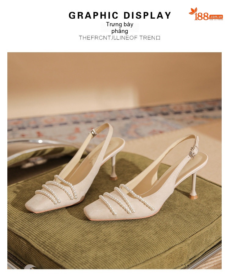 Giày Sandal Cao Gót Nữ Da Cừu Mũi Vuông Quai Hậu Đính Ngọc Trai Gót Cao 8cm Màu Be, Đen chi tiết 22