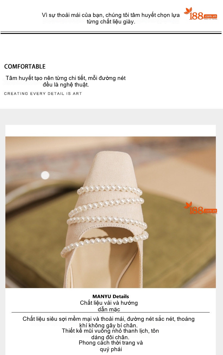 Giày Sandal Cao Gót Nữ Da Cừu Mũi Vuông Quai Hậu Đính Ngọc Trai Gót Cao 8cm Màu Be, Đen chi tiết 6