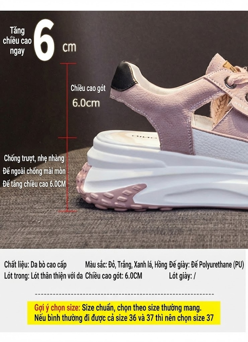 Dép Sandal Nữ Da Mờ Khoét Lỗ Đế Cao 6cm Màu Đỏ, Hồng, Trắng, Xanh... chi tiết 5
