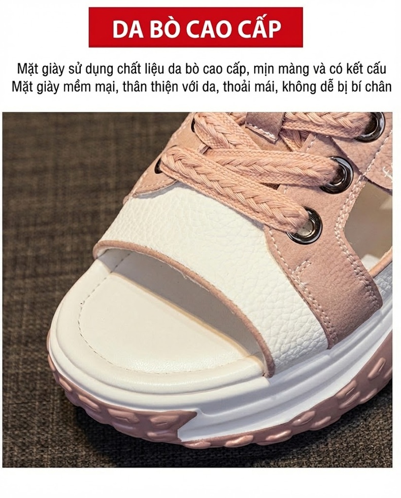 Dép Sandal Nữ Da Mờ Khoét Lỗ Đế Cao 6cm Màu Đỏ, Hồng, Trắng, Xanh... chi tiết 8