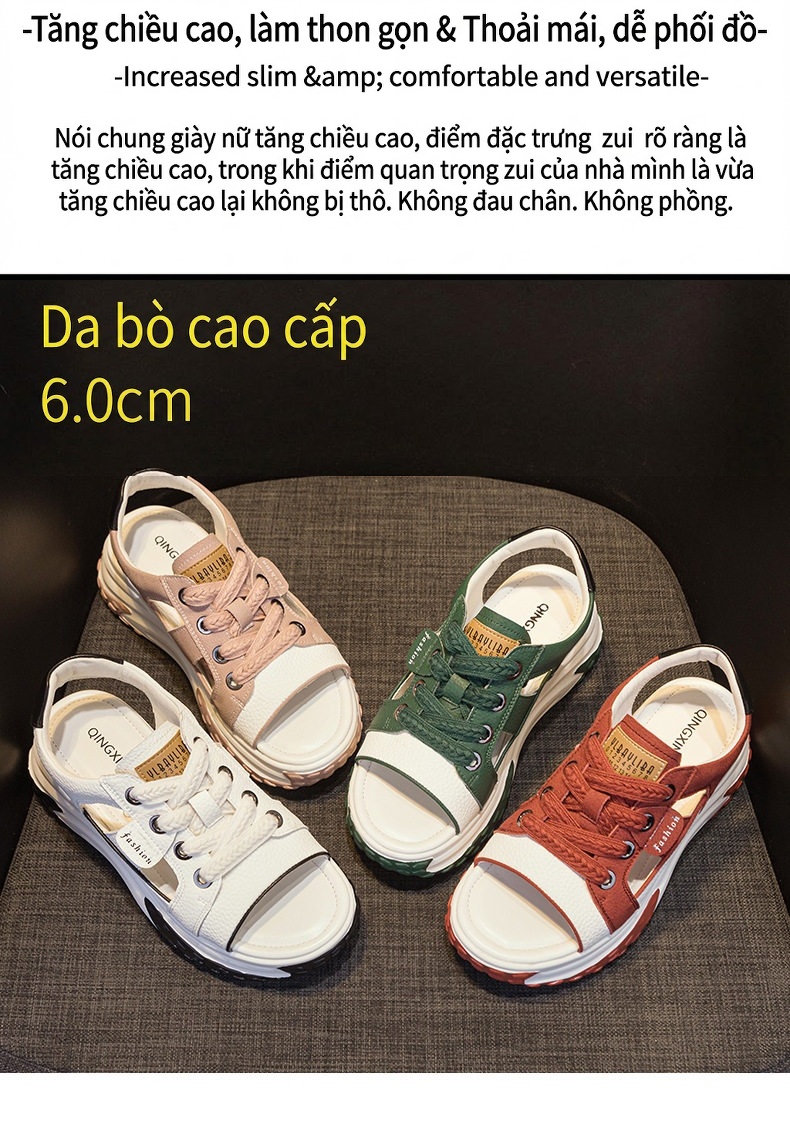 Dép Sandal Nữ Da Mờ Khoét Lỗ Đế Cao 6cm Màu Đỏ, Hồng, Trắng, Xanh... chi tiết 2