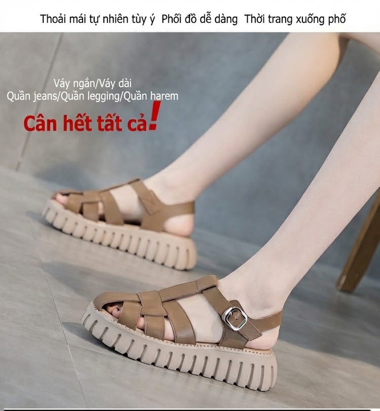 Dép Sandal Nữ Bít Mũi Da Mềm Đế Cao 4cm - 5cm Màu Be, Nâu chi tiết 8