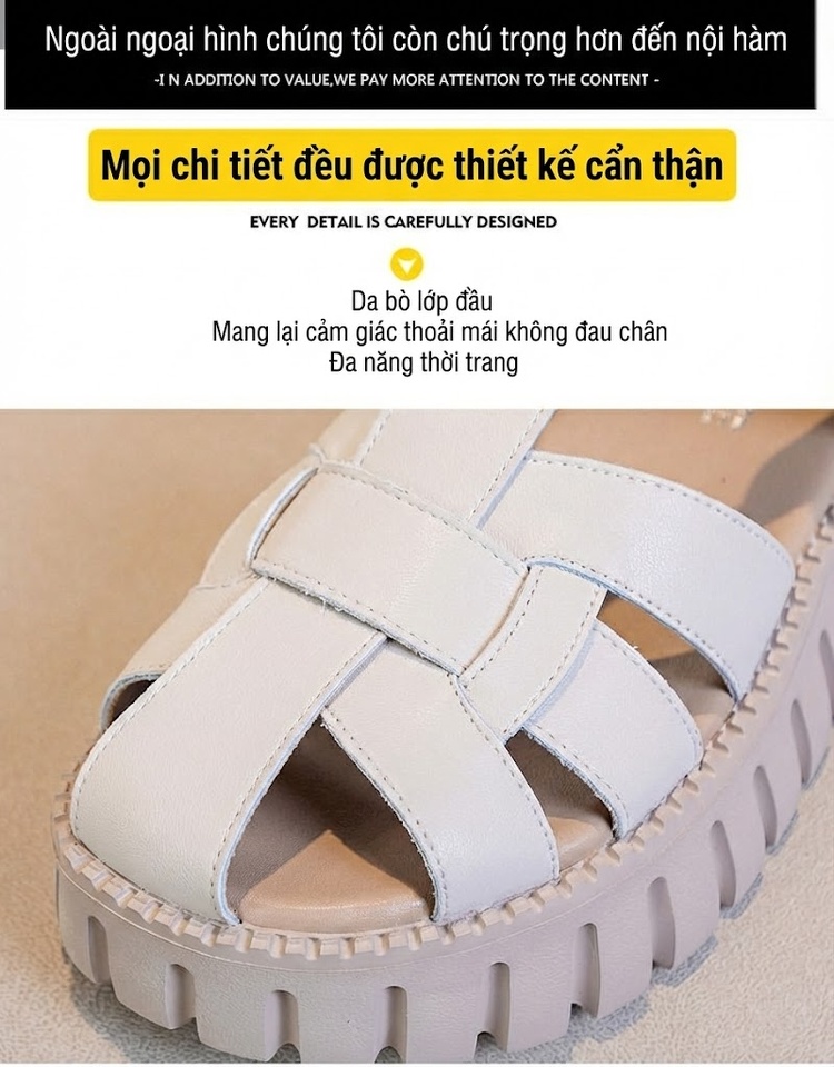 Dép Sandal Nữ Bít Mũi Da Mềm Đế Cao 4cm - 5cm Màu Be, Nâu chi tiết 9