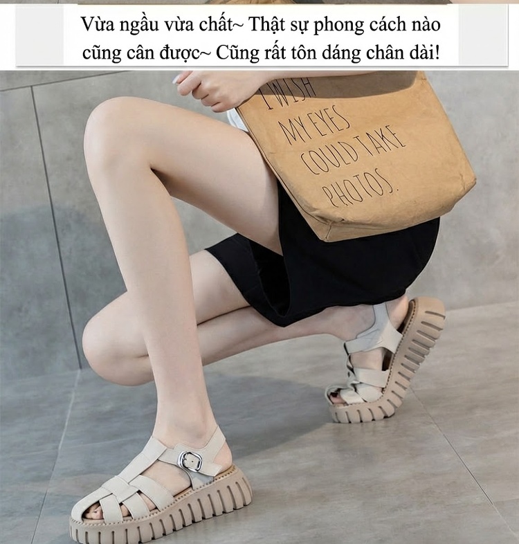 Dép Sandal Nữ Bít Mũi Da Mềm Đế Cao 4cm - 5cm Màu Be, Nâu chi tiết 2