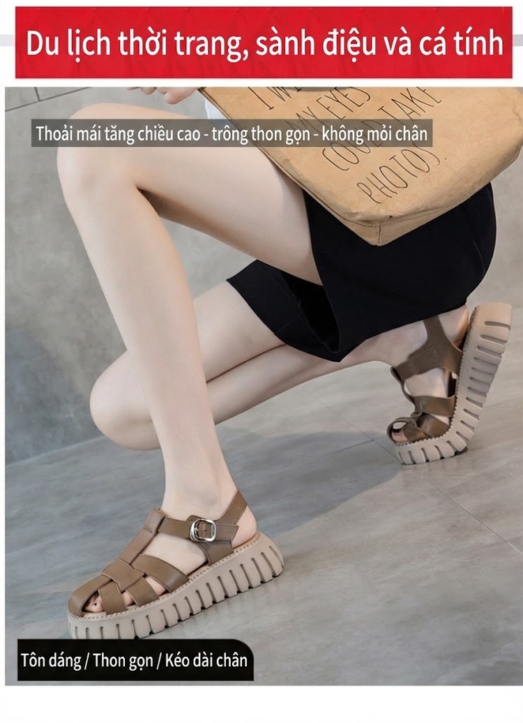 Dép Sandal Nữ Bít Mũi Da Mềm Đế Cao 4cm - 5cm Màu Be, Nâu chi tiết 6