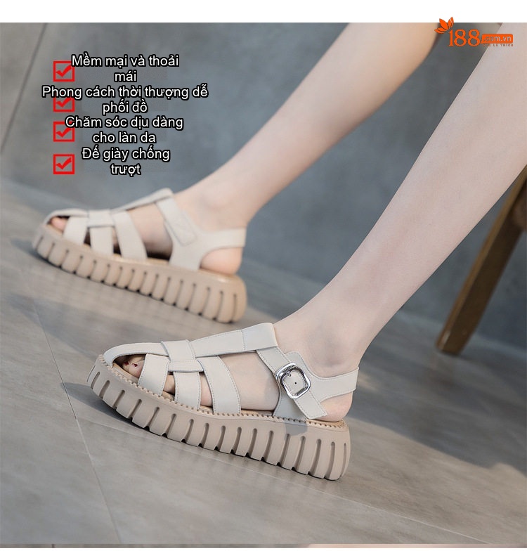Dép Sandal Nữ Bít Mũi Da Mềm Đế Cao 4cm - 5cm Màu Be, Nâu chi tiết 7