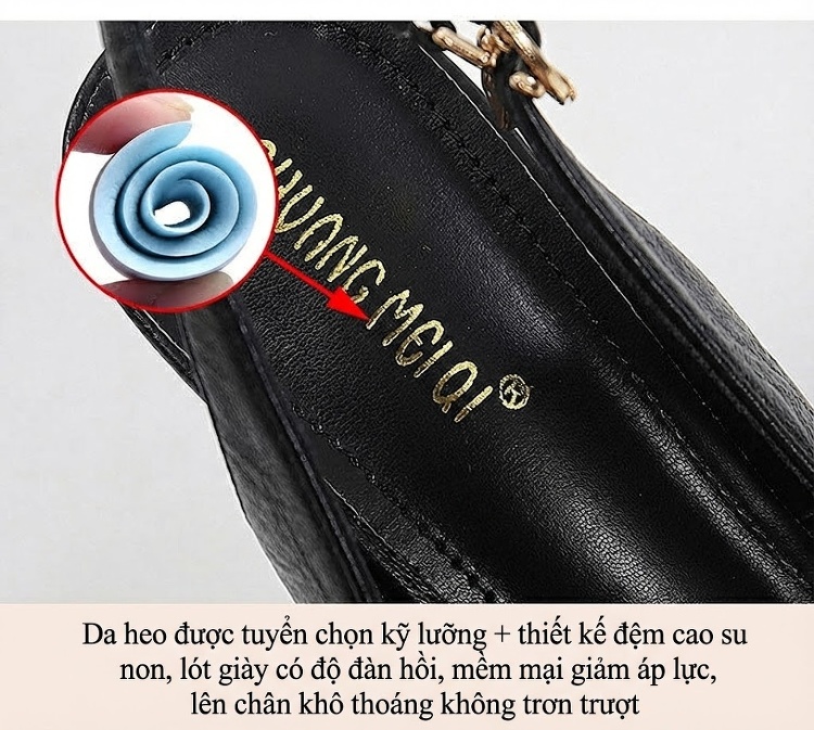 Giày Sandal Cao Gót Nữ Mũi Nhọn Hở Gót Da Mềm Gót Cao 8cm Màu Đen, Kem chi tiết 9