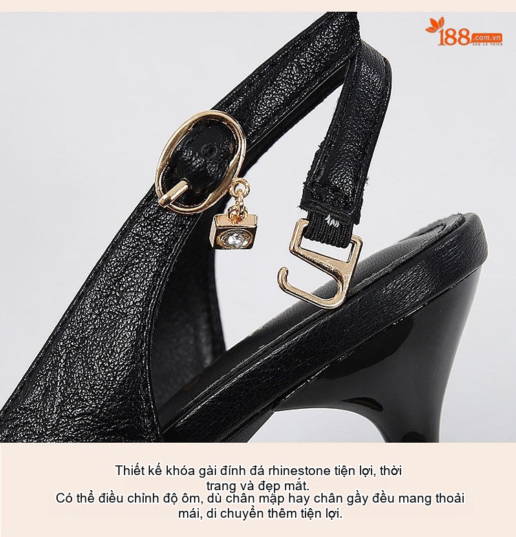 Giày Sandal Cao Gót Nữ Mũi Nhọn Hở Gót Da Mềm Gót Cao 8cm Màu Đen, Kem chi tiết 10