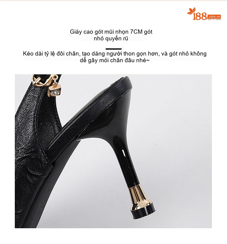 Giày Sandal Cao Gót Nữ Mũi Nhọn Hở Gót Da Mềm Gót Cao 8cm Màu Đen, Kem chi tiết 11
