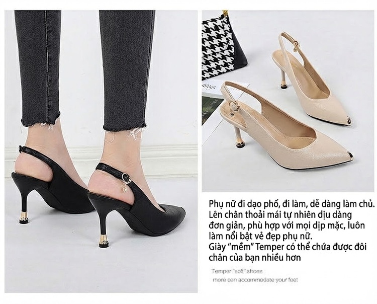 Giày Sandal Cao Gót Nữ Mũi Nhọn Hở Gót Da Mềm Gót Cao 8cm Màu Đen, Kem chi tiết 4