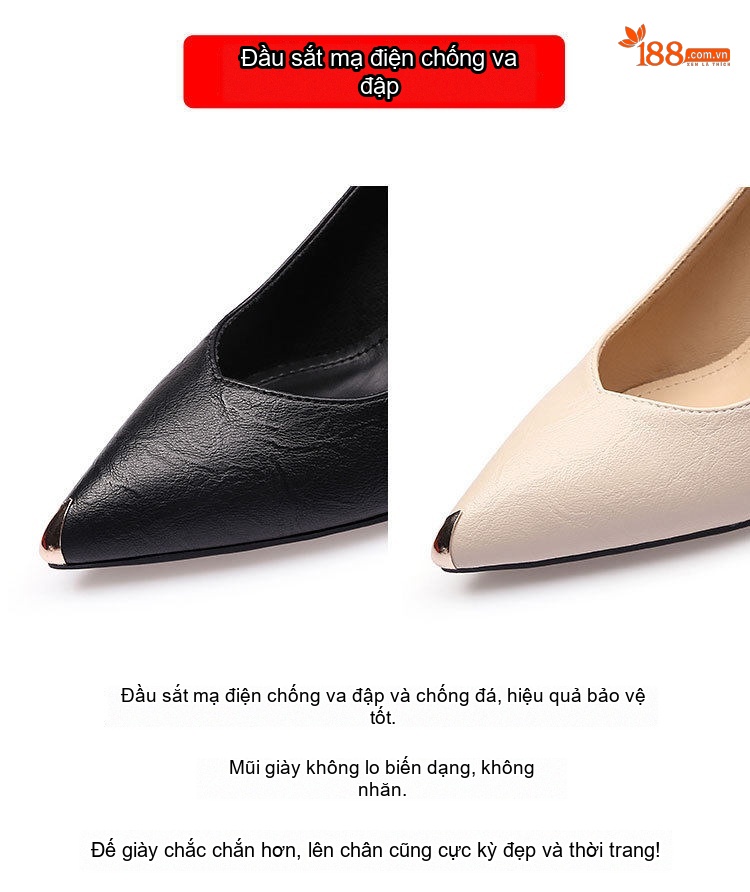 Giày Sandal Cao Gót Nữ Mũi Nhọn Hở Gót Da Mềm Gót Cao 8cm Màu Đen, Kem chi tiết 5