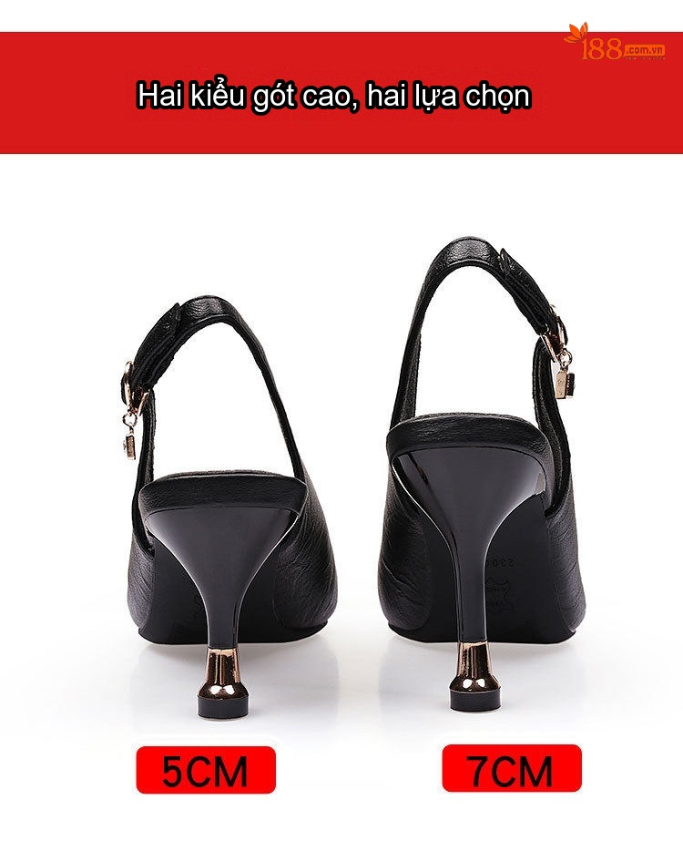 Giày Sandal Cao Gót Nữ Mũi Nhọn Hở Gót Da Mềm Gót Cao 8cm Màu Đen, Kem chi tiết 6