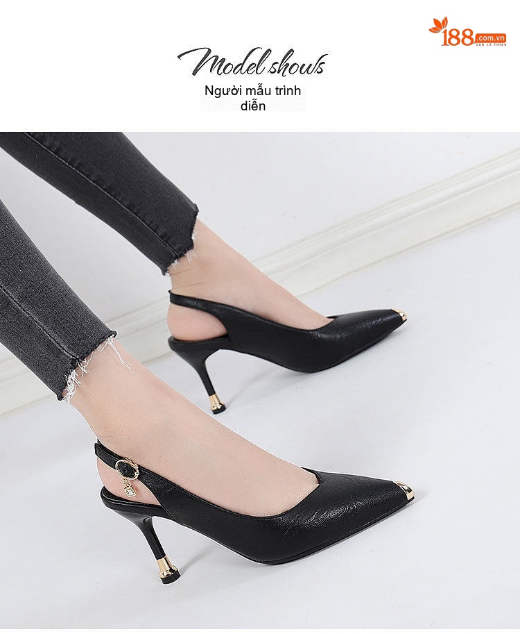 Giày Sandal Cao Gót Nữ Mũi Nhọn Hở Gót Da Mềm Gót Cao 8cm Màu Đen, Kem chi tiết 13