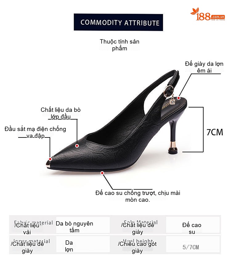 Giày Sandal Cao Gót Nữ Mũi Nhọn Hở Gót Da Mềm Gót Cao 8cm Màu Đen, Kem chi tiết 7