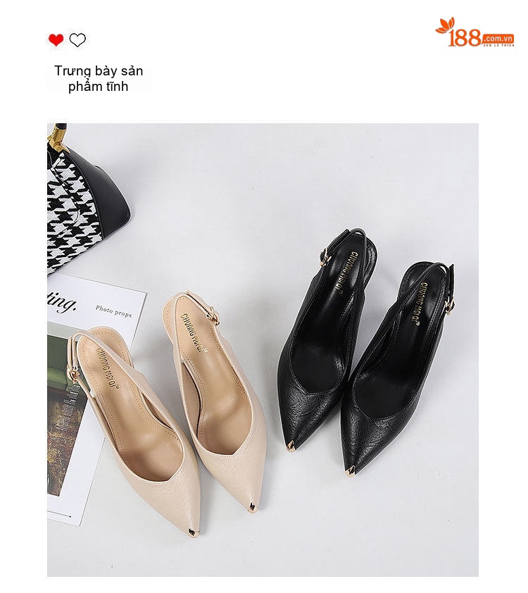 Giày Sandal Cao Gót Nữ Mũi Nhọn Hở Gót Da Mềm Gót Cao 8cm Màu Đen, Kem chi tiết 25