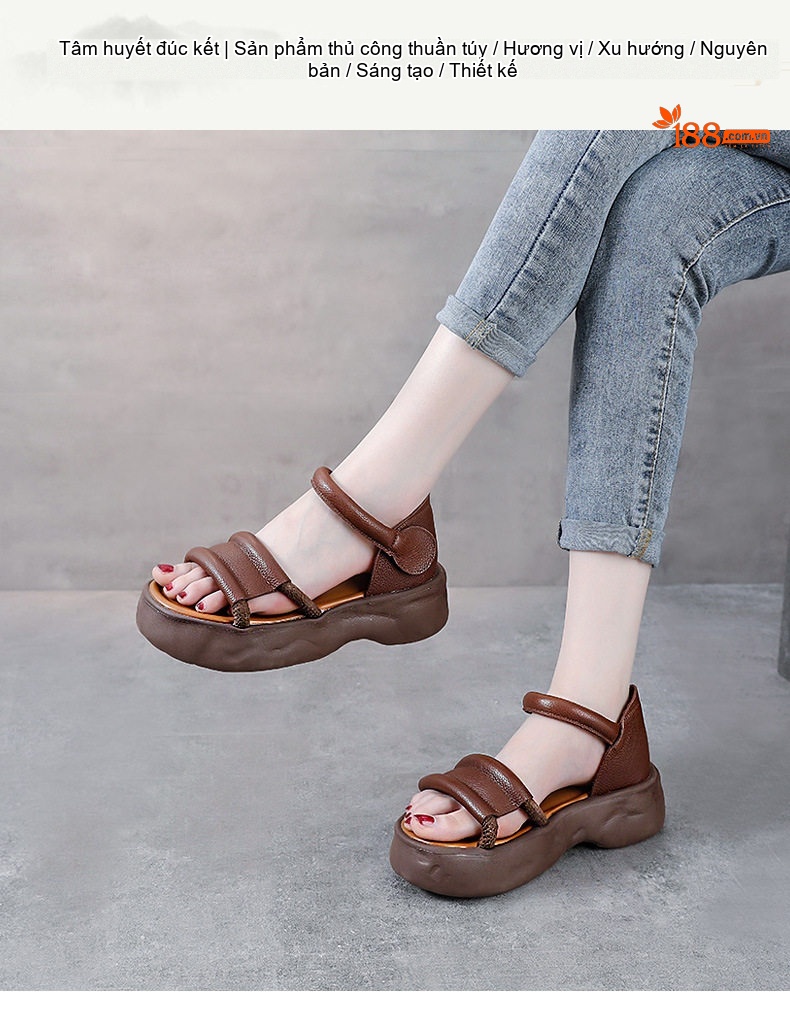 Dép Sandal Nữ Da Bò Quai Hậu Đế Bằng Đế Cao 4cm - 5cm Màu Be, Nâu chi tiết 1