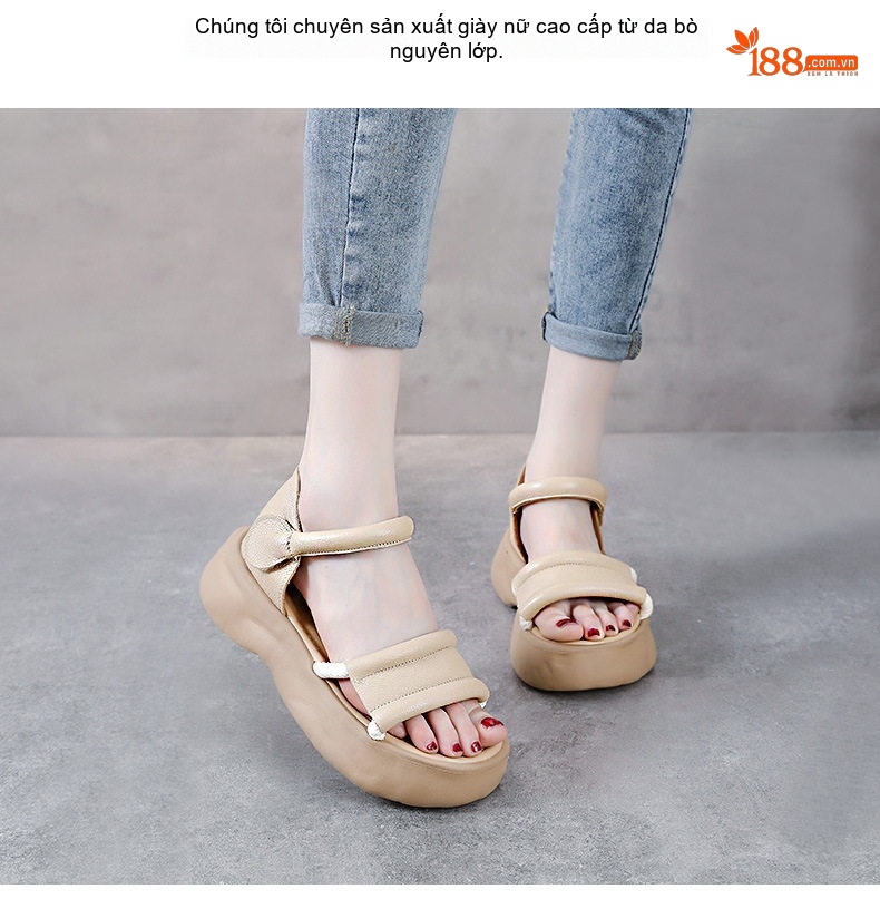 Dép Sandal Nữ Da Bò Quai Hậu Đế Bằng Đế Cao 4cm - 5cm Màu Be, Nâu chi tiết 2