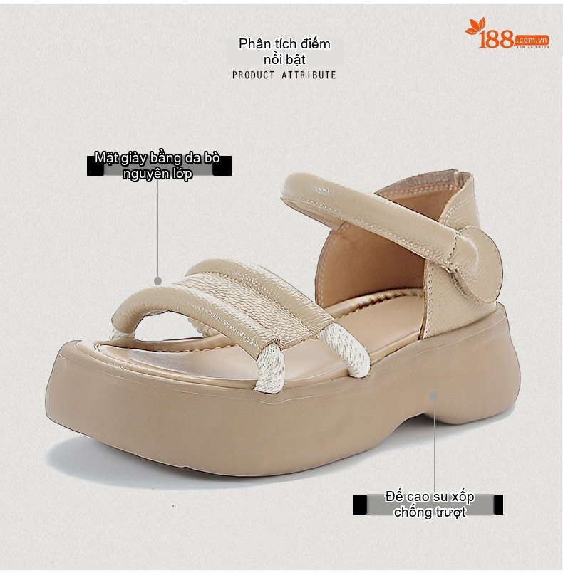 Dép Sandal Nữ Da Bò Quai Hậu Đế Bằng Đế Cao 4cm - 5cm Màu Be, Nâu chi tiết 3