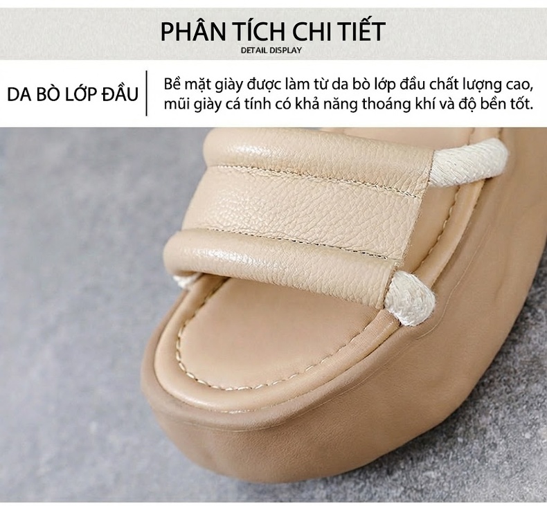 Dép Sandal Nữ Da Bò Quai Hậu Đế Bằng Đế Cao 4cm - 5cm Màu Be, Nâu chi tiết 4