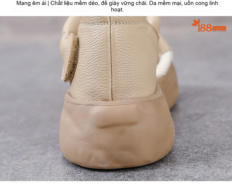 Dép Sandal Nữ Da Bò Quai Hậu Đế Bằng Đế Cao 4cm - 5cm Màu Be, Nâu chi tiết 8
