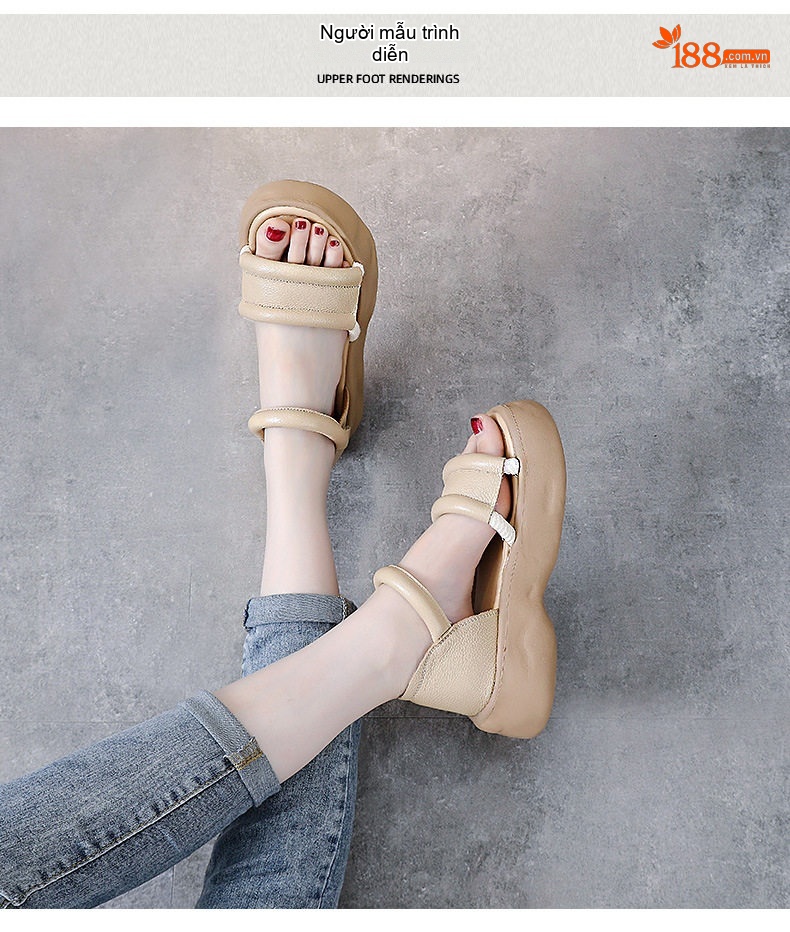Dép Sandal Nữ Da Bò Quai Hậu Đế Bằng Đế Cao 4cm - 5cm Màu Be, Nâu chi tiết 9