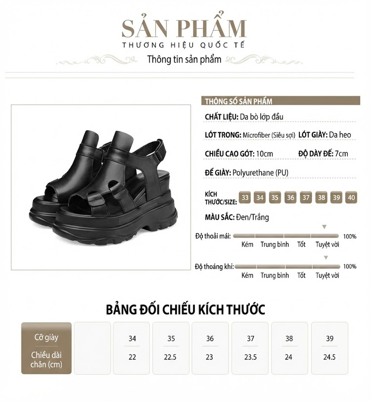 Giày Sandal Cao Gót Nữ Da Thật Quai Hậu Đế Xuồng Gót Cao 10cm Màu Đen, Trắng chi tiết 2