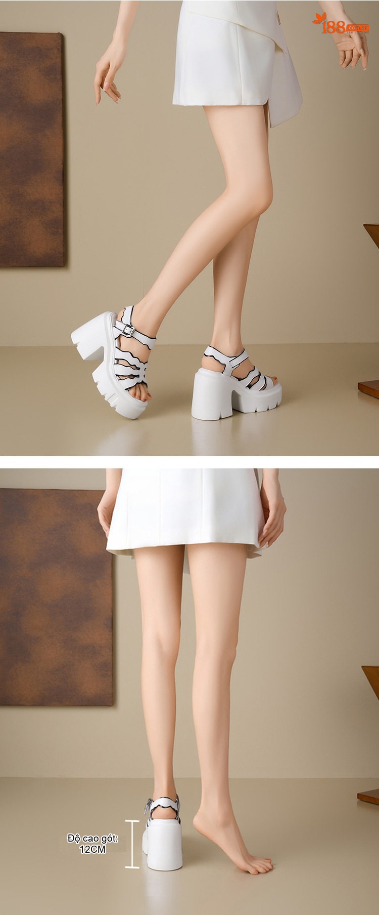 Giày Sandal Cao Gót Nữ Hở Ngón Da Thật Quai Rọ Đế Cao 12cm Màu Trắng, Đen chi tiết 4