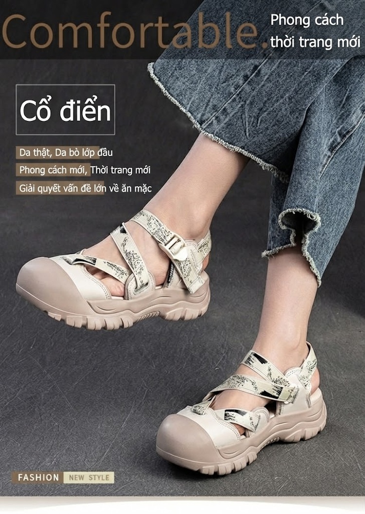 Dép Sandal Nữ Bít Mũi Quai Hậu Đế Cao 4cm - 5cm Màu Đen, Kem chi tiết 2