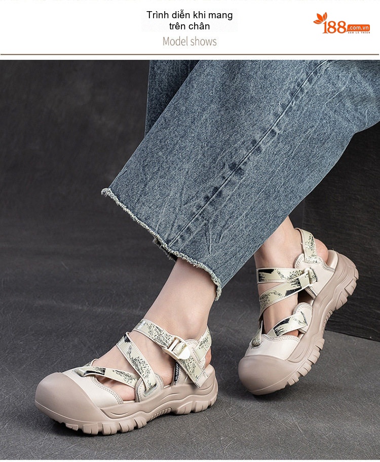 Dép Sandal Nữ Bít Mũi Quai Hậu Đế Cao 4cm - 5cm Màu Đen, Kem chi tiết 7