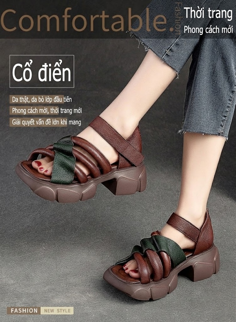 Dép Sandal Nữ Quai Bản To Đế Dày Phong Cách Retro Đế Cao 5cm - 6cm Màu Đen, Nâu chi tiết 2