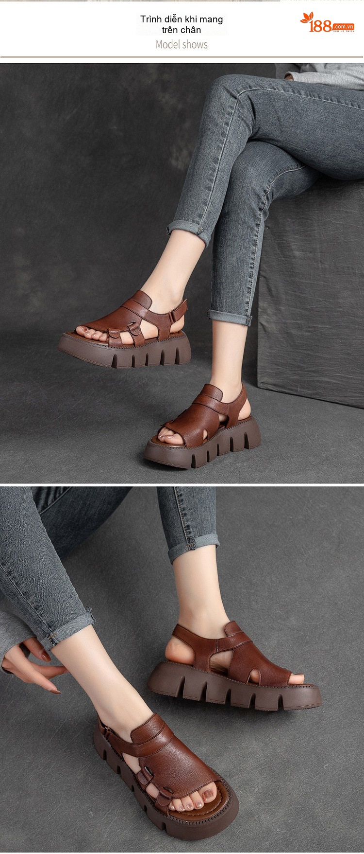 Dép Sandal Nữ Da Mờ Quai Hậu Đế Cao 4cm - 5cm Màu Nâu, Đen, Be chi tiết 7