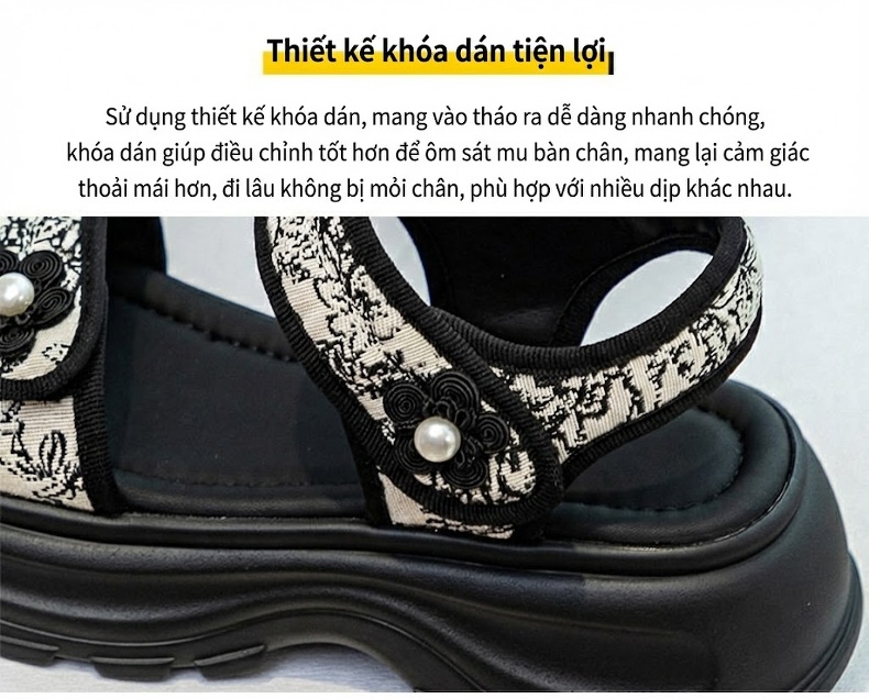 Dép Sandal Nữ Quai Ngang Đế Dày Phong Cách Retro Đế Cao 4cm - 5cm Màu Đen, Kem chi tiết 7