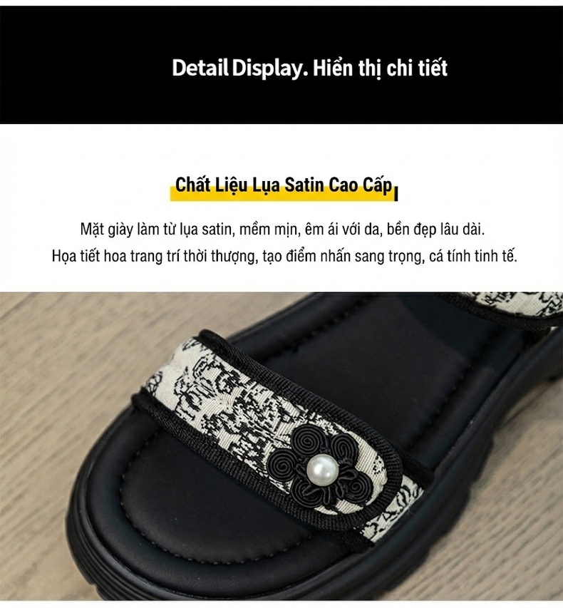 Dép Sandal Nữ Quai Ngang Đế Dày Phong Cách Retro Đế Cao 4cm - 5cm Màu Đen, Kem chi tiết 6