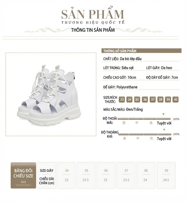 Giày Sandal Cao Gót Nữ Chiến Binh Cổ Cao Buộc Dây Đế Xuồng Gót Cao 10cm Màu Đen, Trắng chi tiết 2