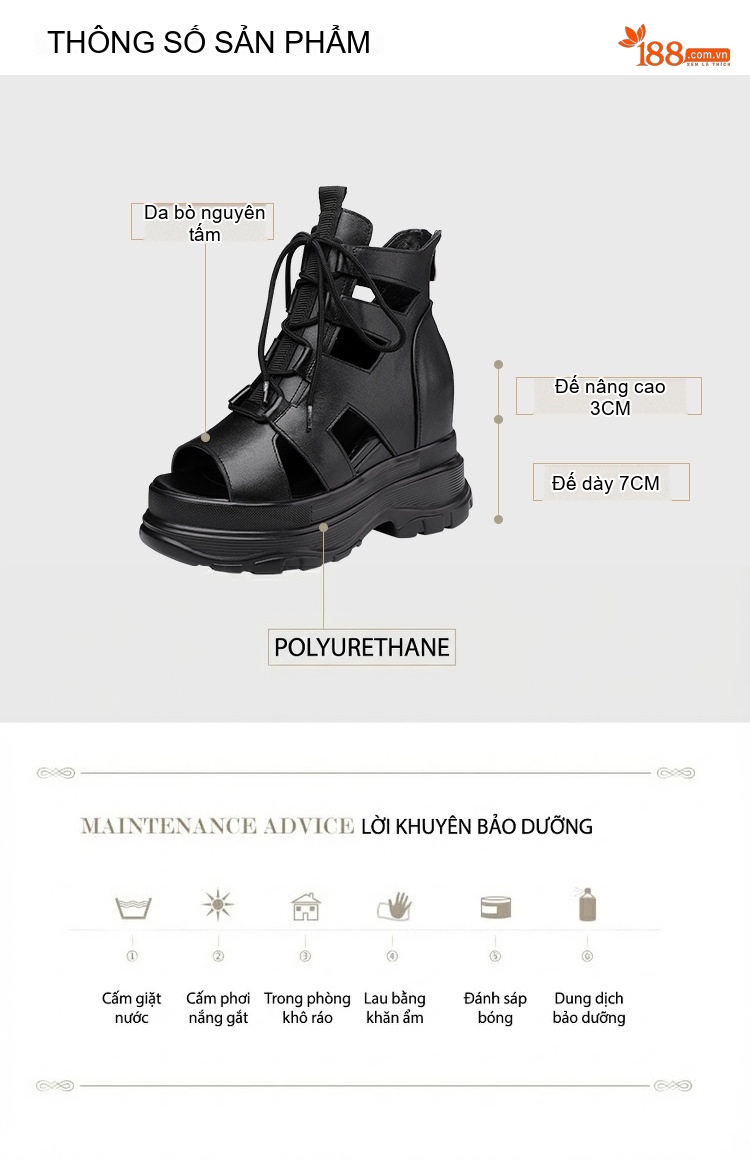 Giày Sandal Cao Gót Nữ Chiến Binh Cổ Cao Buộc Dây Đế Xuồng Gót Cao 10cm Màu Đen, Trắng chi tiết 4